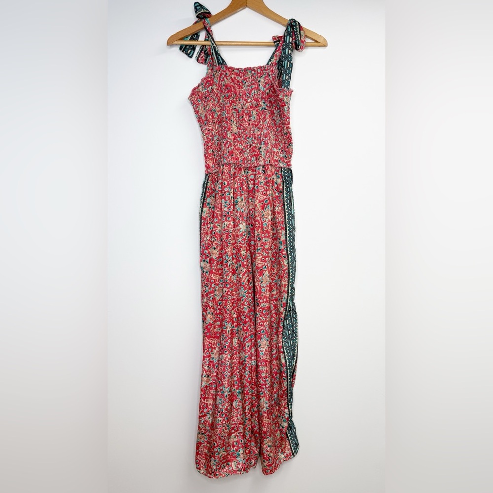 Karma Highway Smocked Bust Tie Strap Jumpsuit Red Teal Print One Size